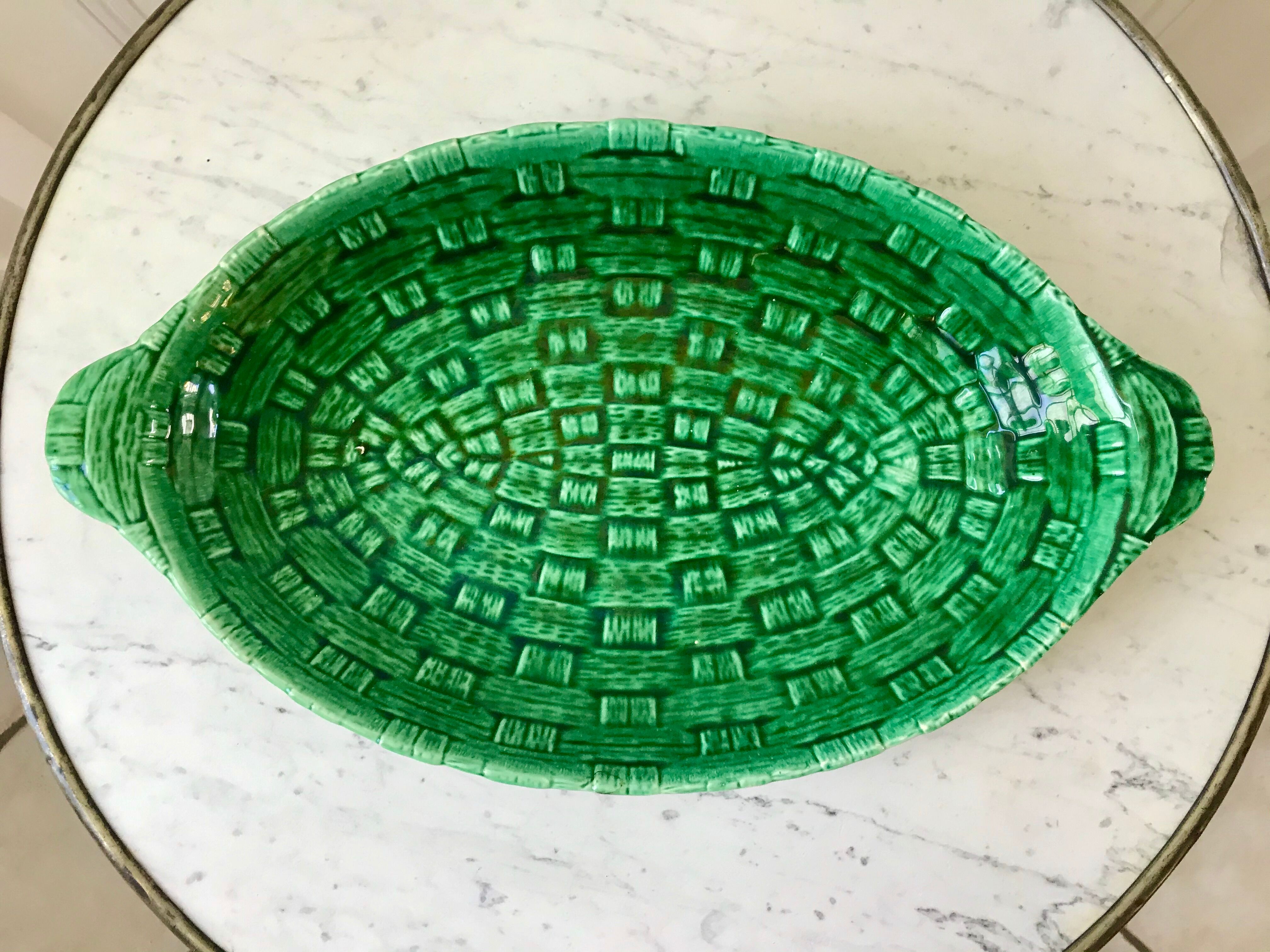 large bowl / dish in green Digoin slip, bamboo style, 50s-60s