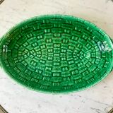 large bowl / dish in green Digoin slip, bamboo style, 50s-60s