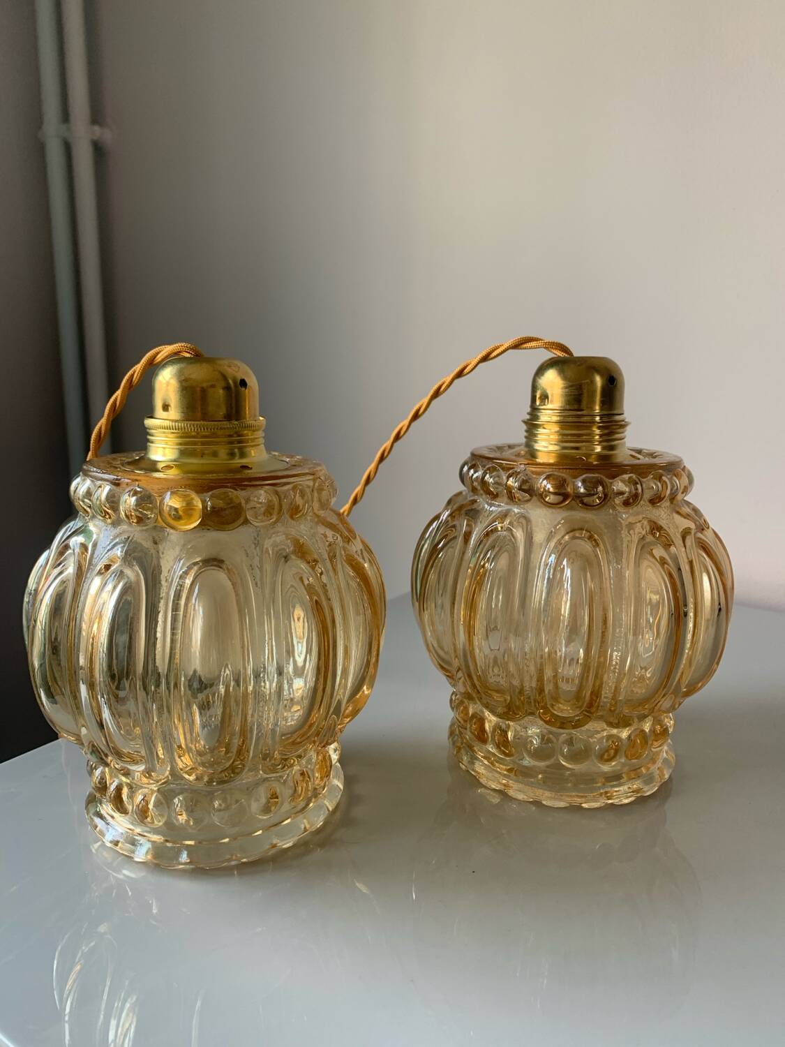 Pair of vintage amber bubble table lamps
