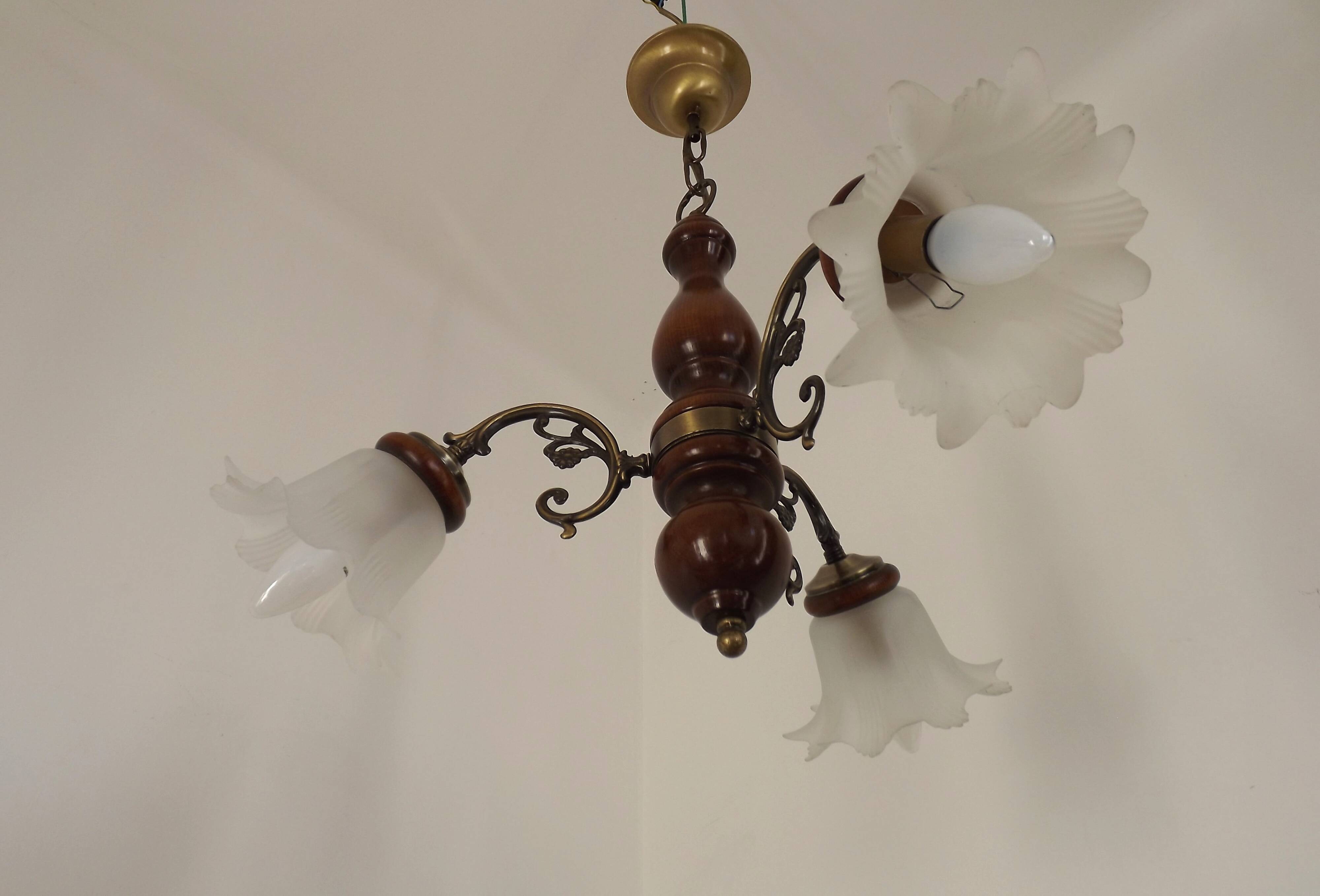 French Mid-Century 3-Light Wood and Bronzed Metal Chandelier with Glass Shades