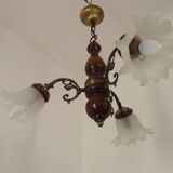 French Mid-Century 3-Light Wood and Bronzed Metal Chandelier with Glass Shades