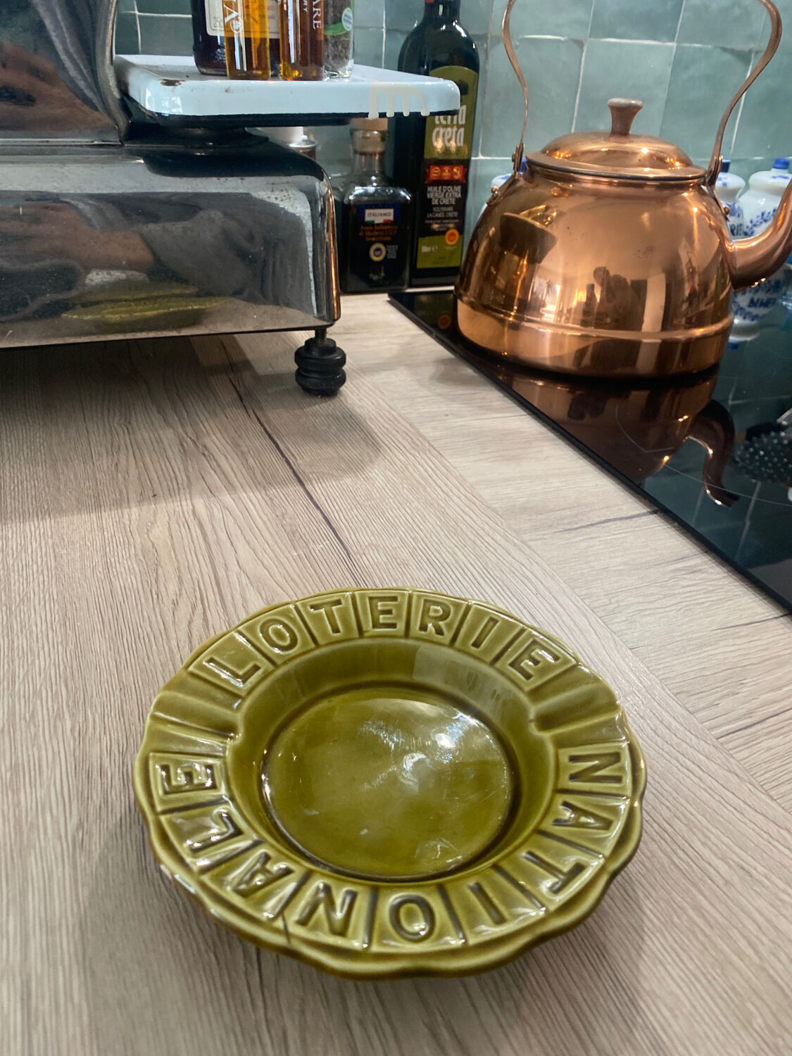 Green ashtray khaki olive National Lottery, Gien france, empty vintage pocket, France