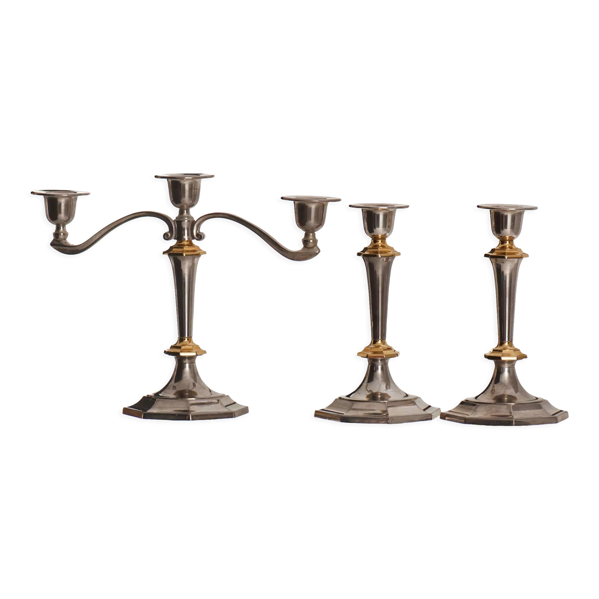 2 candlesticks and 1 silver metal candlestick circa 1980