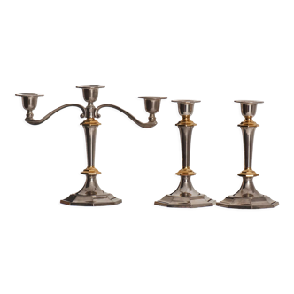 2 candlesticks and 1 silver metal candlestick circa 1980