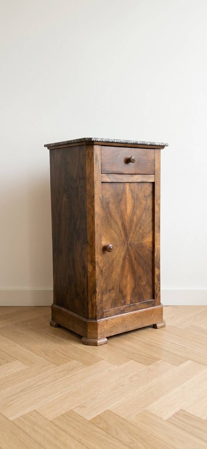 Antique bedside table in wood and grey marble, old brown.