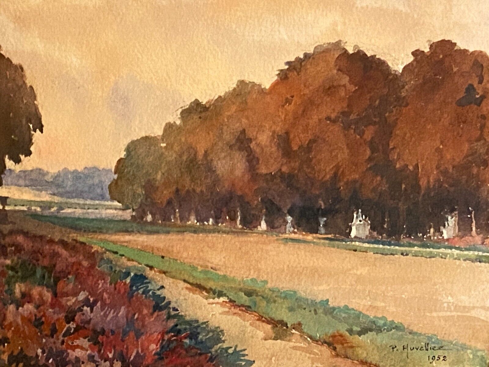 Watercolor Pierre Huvelliez 1891-1959 view park Palace of Versailles