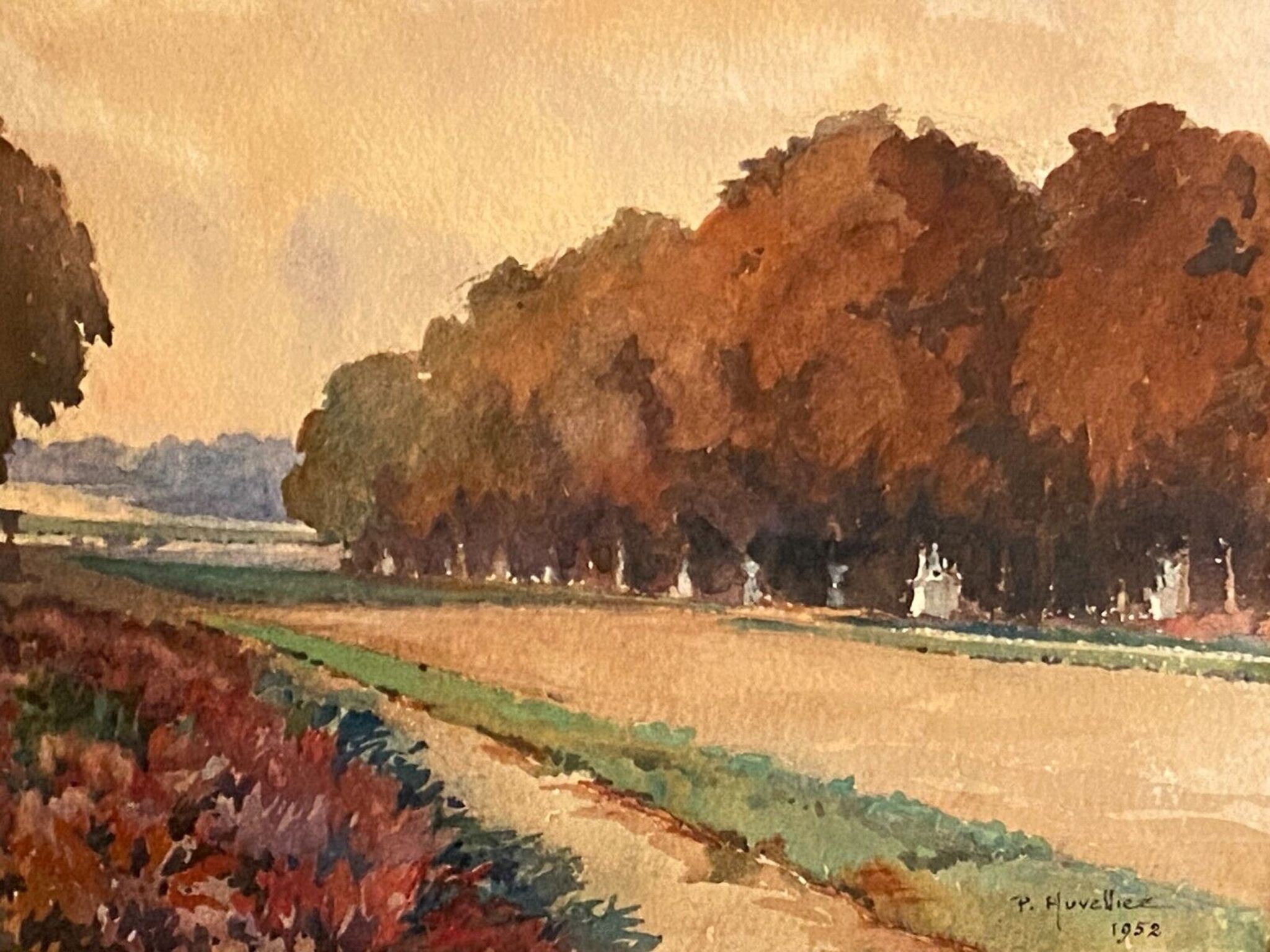 Watercolor Pierre Huvelliez 1891-1959 view park Palace of Versailles