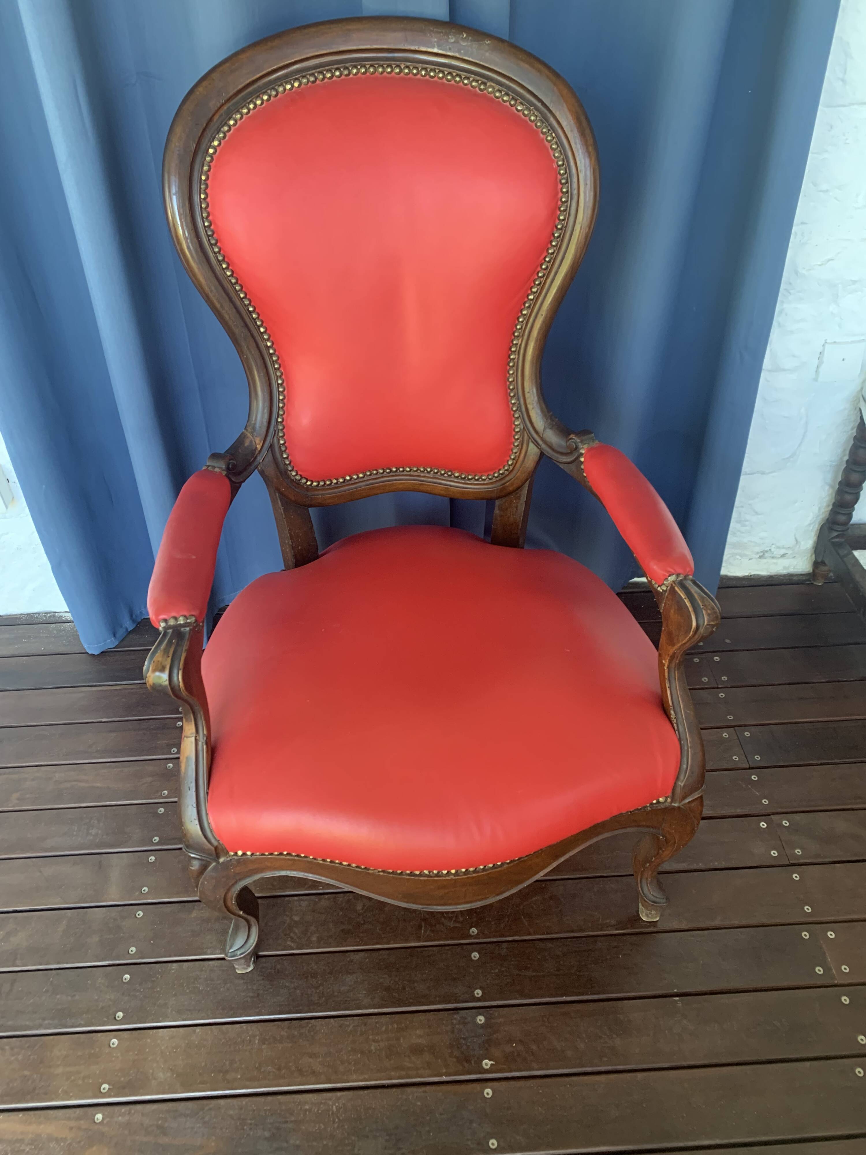 Antique solid wood armchair – Louis XV style – red upholstery, 19th century