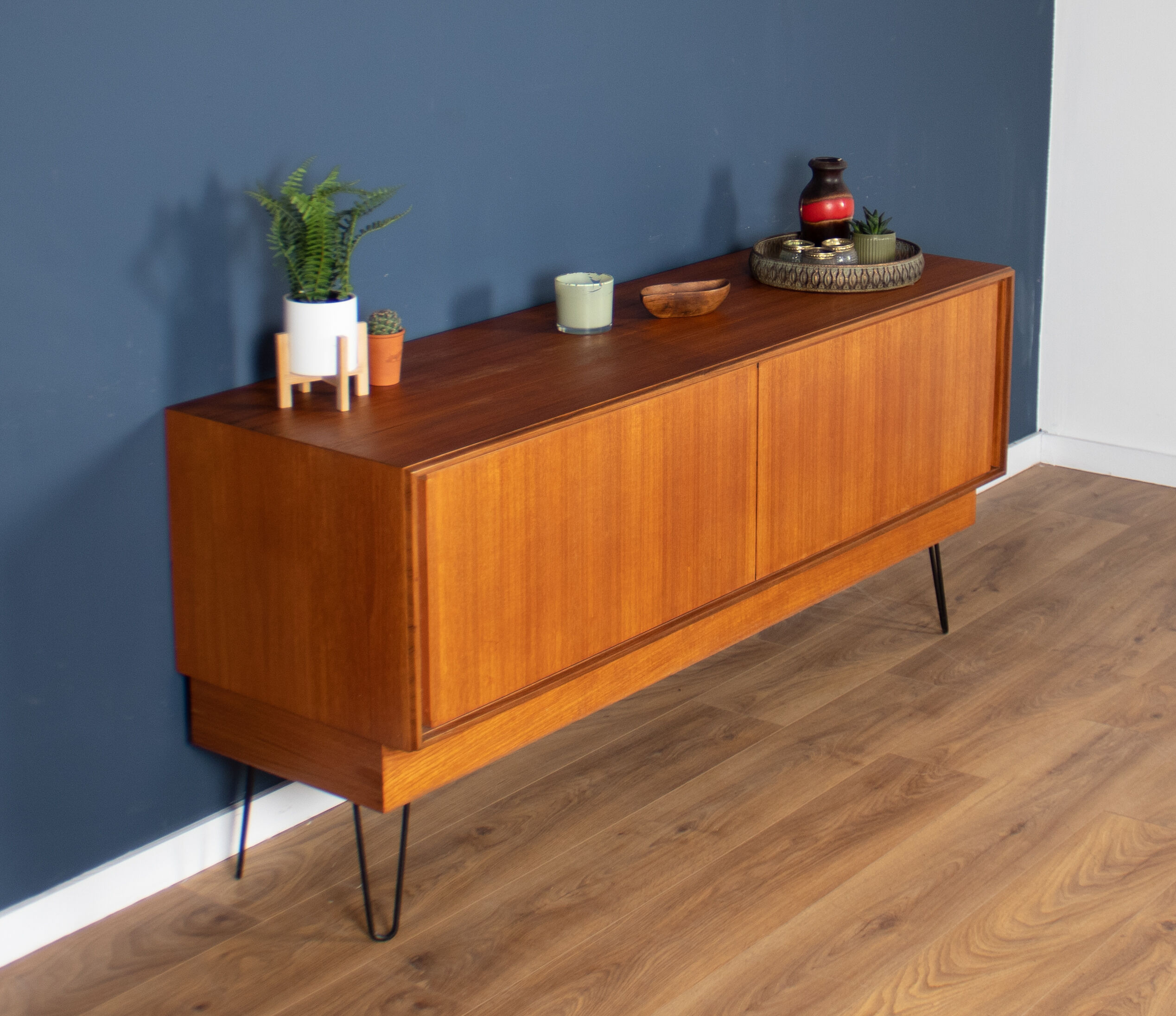 Retro teak 1960s G plan form five sideboard on hairpin legs