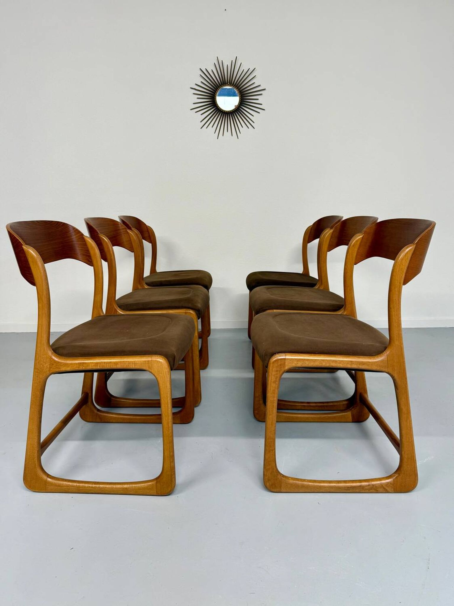 Set of 6 Baumann sleigh chairs in wood and brown fabric, original 1960s