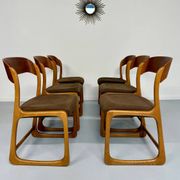 Set of 6 Baumann sleigh chairs in wood and brown fabric, original 1960s