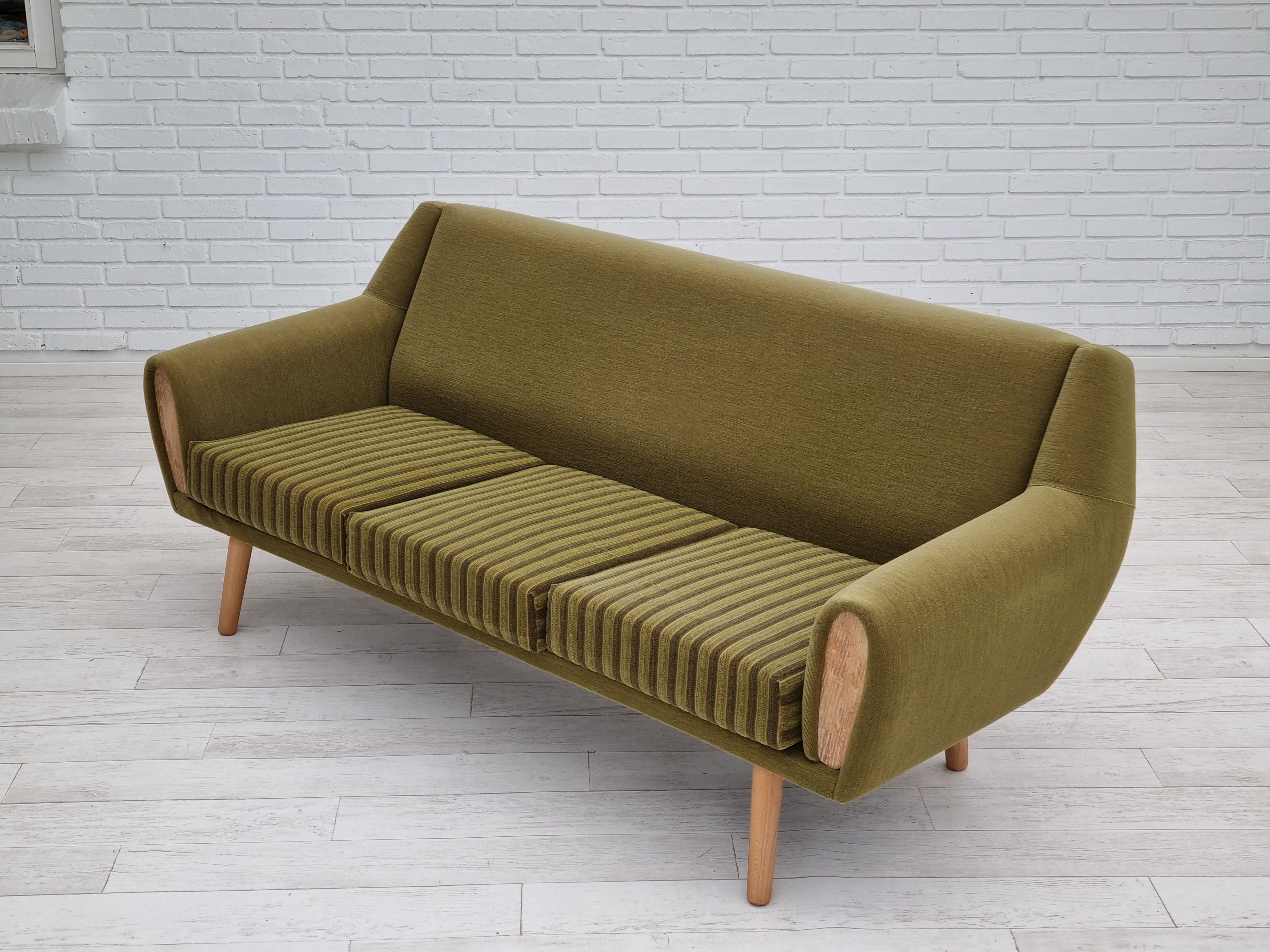 1970s, Danish 3-seater sofa, original very good condition, green furniture fabric, oak