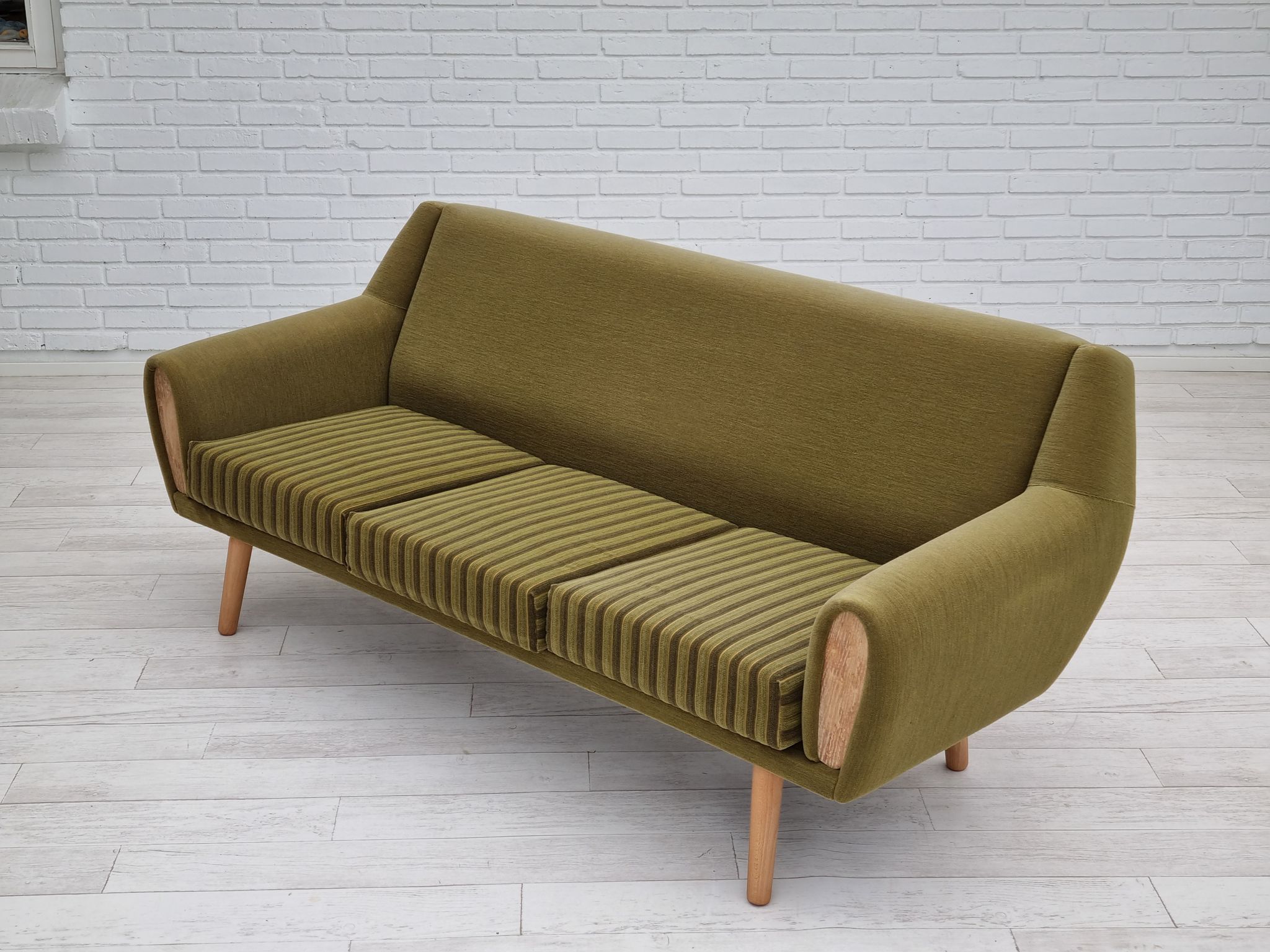 1970s, Danish 3-seater sofa, original very good condition, green furniture fabric, oak