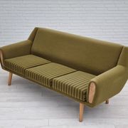 1970s, Danish 3-seater sofa, original very good condition, green furniture fabric, oak