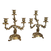 Old pair of rockery chandeliers in gilded bronze with three fires