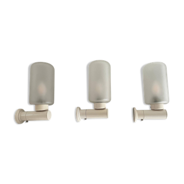 Set of 3 semi-transparent glass and white metal wall lights, 1960, Germany