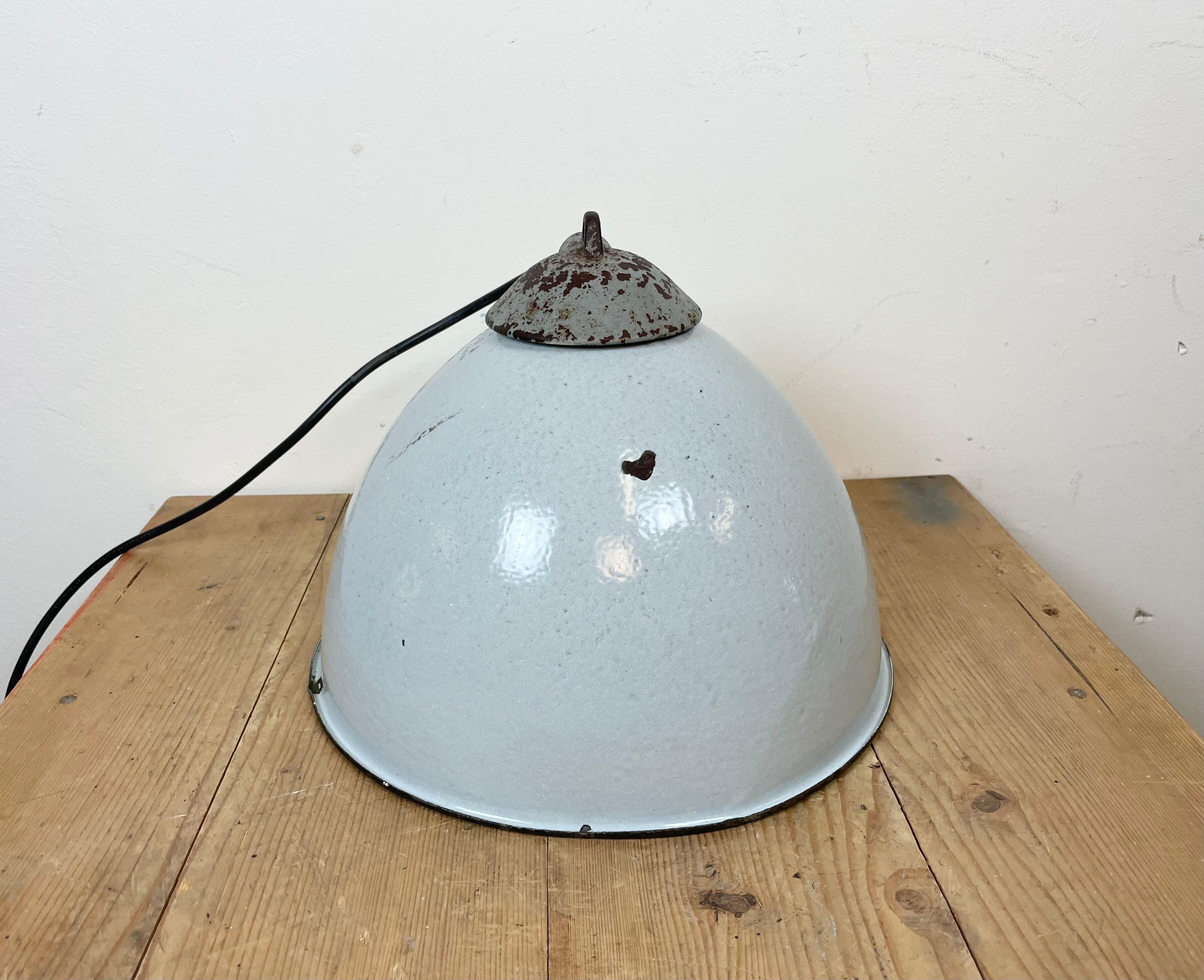 Industrial Grey Enamel Factory Lamp with Cast Iron Top from Zaos, 1960
