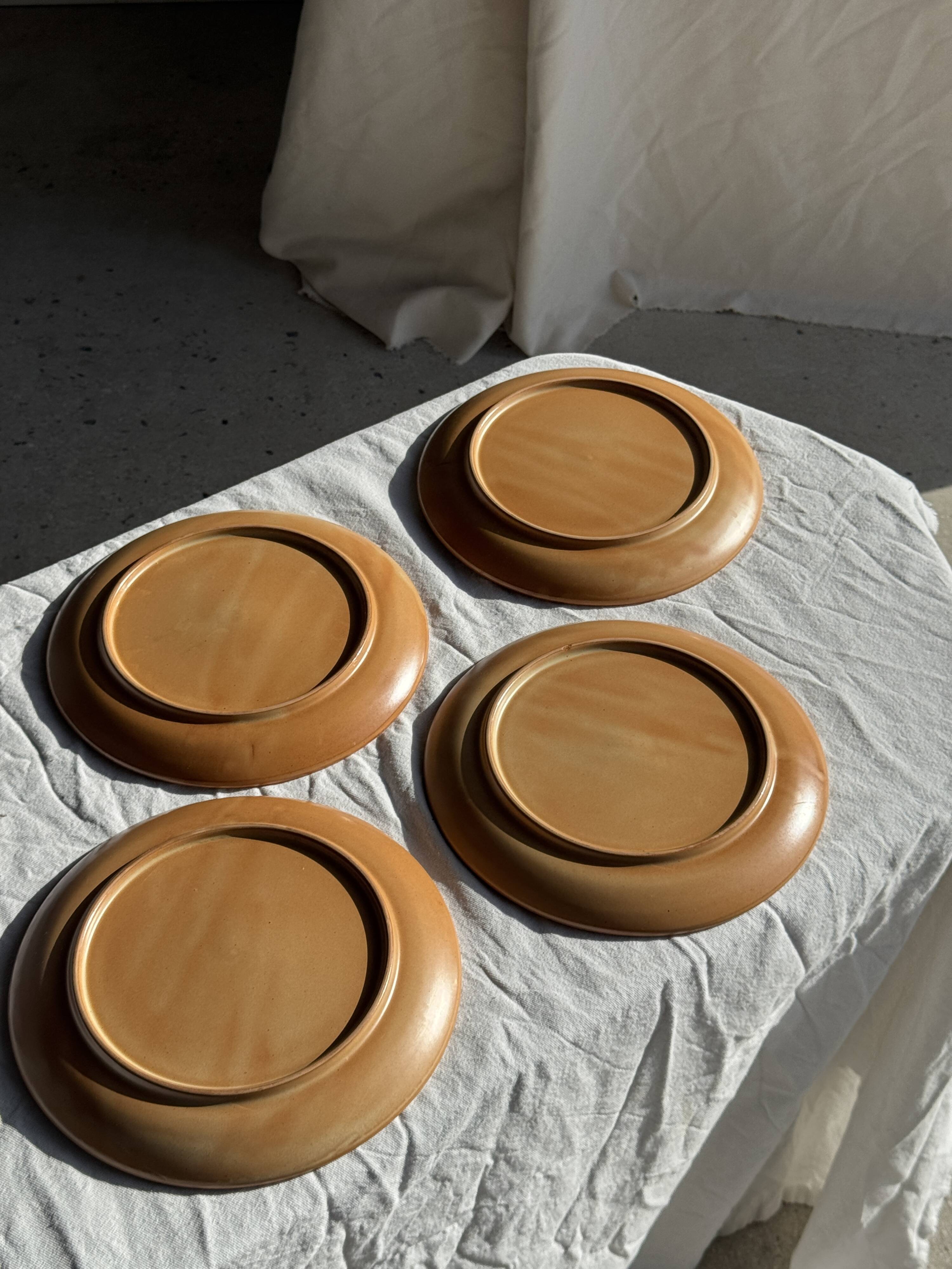 Set of 4 flat dinner plates in stoneware, no brand underneath.