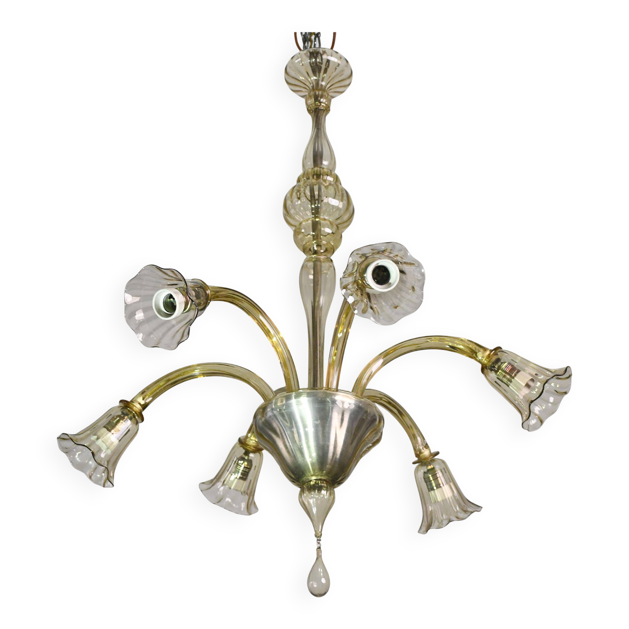 Lustre en verre de Murano vintage, couleur ambre, six lumières, design des années 1950.