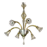 Lustre en verre de Murano vintage, couleur ambre, six lumières, design des années 1950.