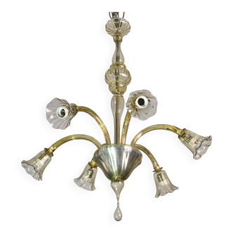 Vintage Murano glass chandelier, amber colour, six lights, 1950s design