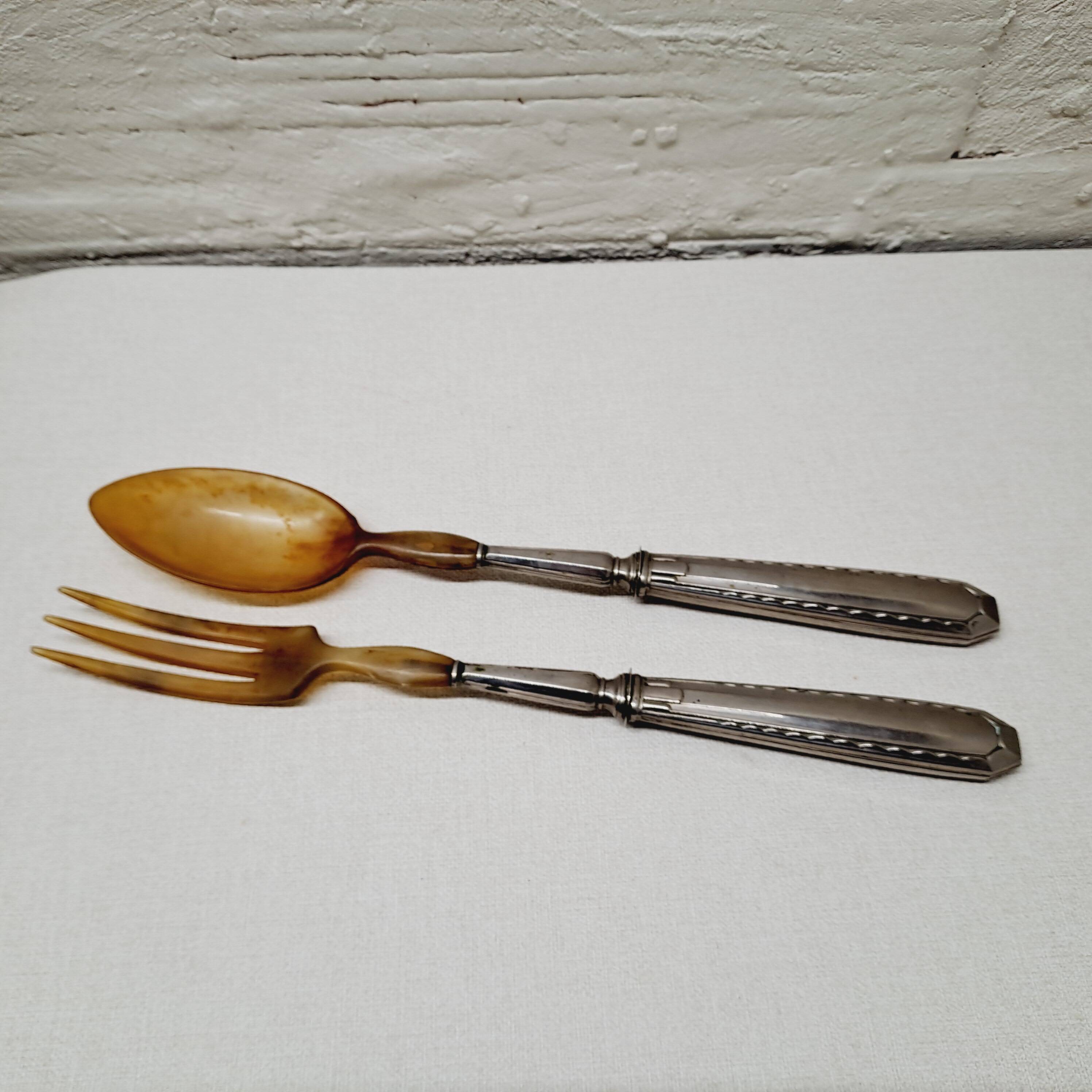 Horn and silver-plated salad servers
