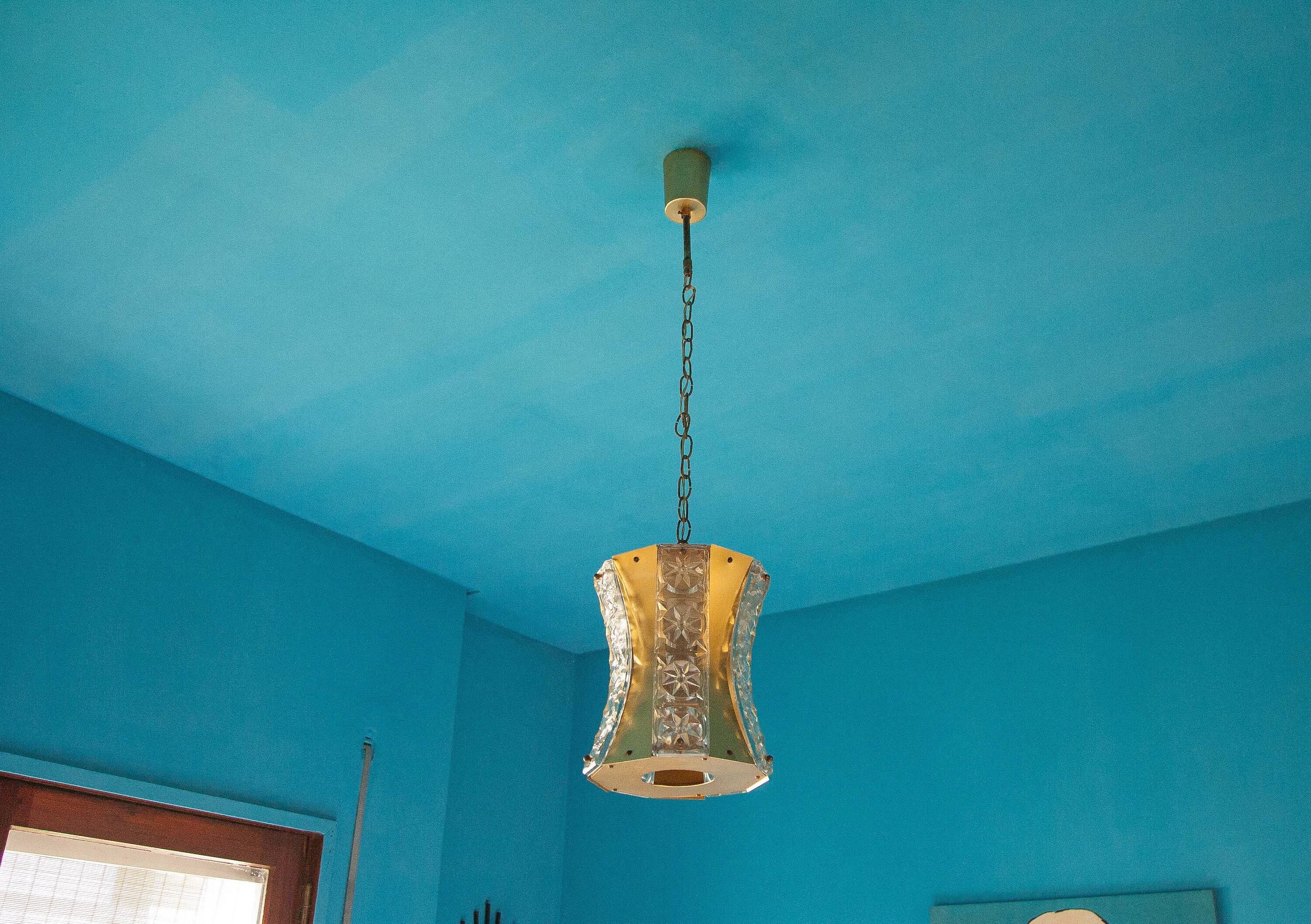 Vintage glass and brass suspension, vintage chandelier.
