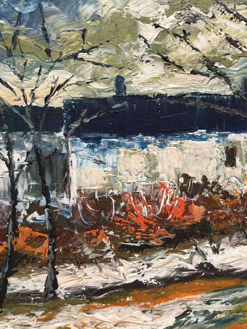 Large Original Swedish Oil on Panel – “Landscape with Houses and Trees” by Stig Hallblom – Signed – Vintage & Framed 90×59.5cm (35.4"×23.4")