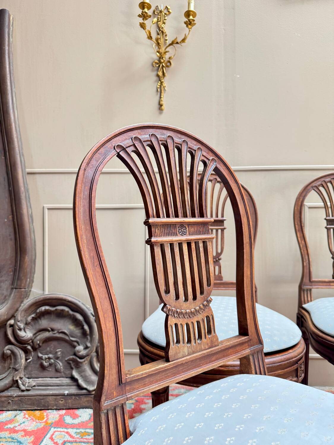 Set of six Louis XV style natural wood sheaf back chairs