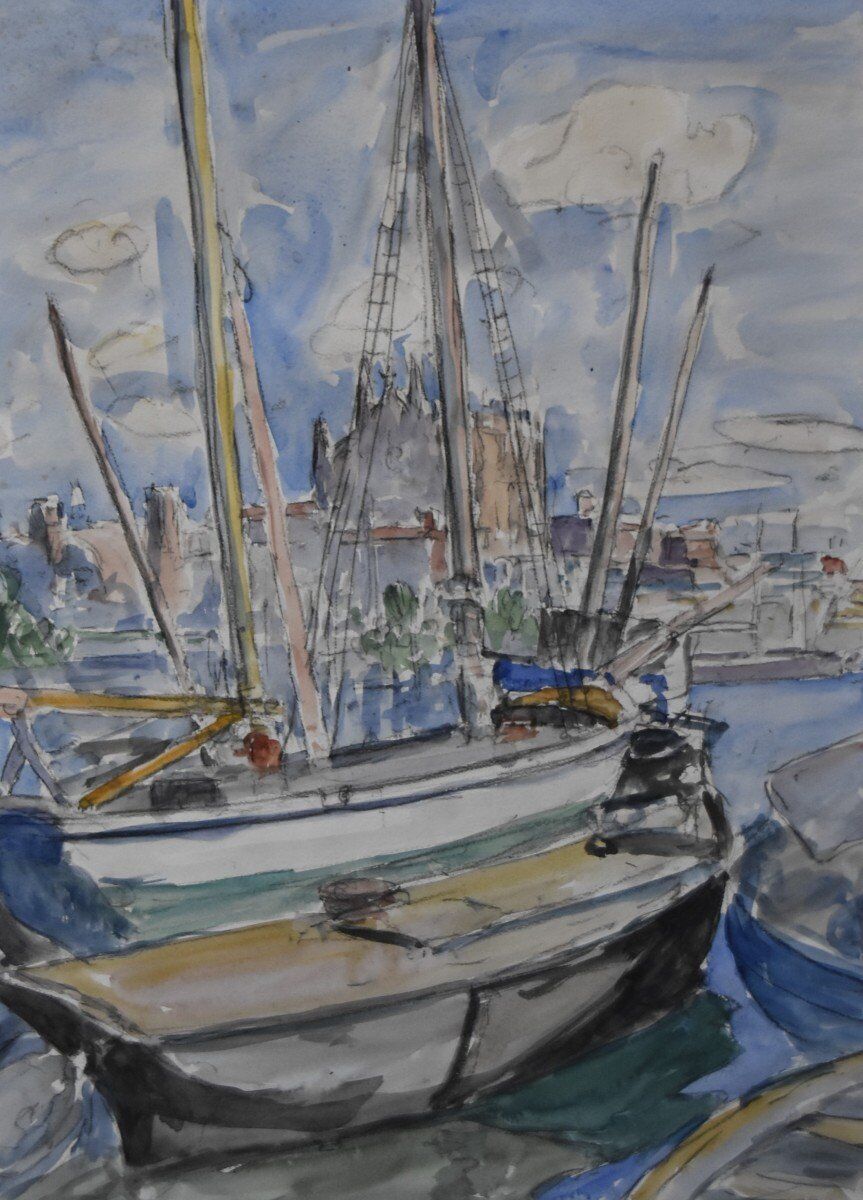 French School of the 20th Century, Sailboats in the Port of La Palma, Watercolour