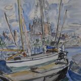 French School of the 20th Century, Sailboats in the Port of La Palma, Watercolour