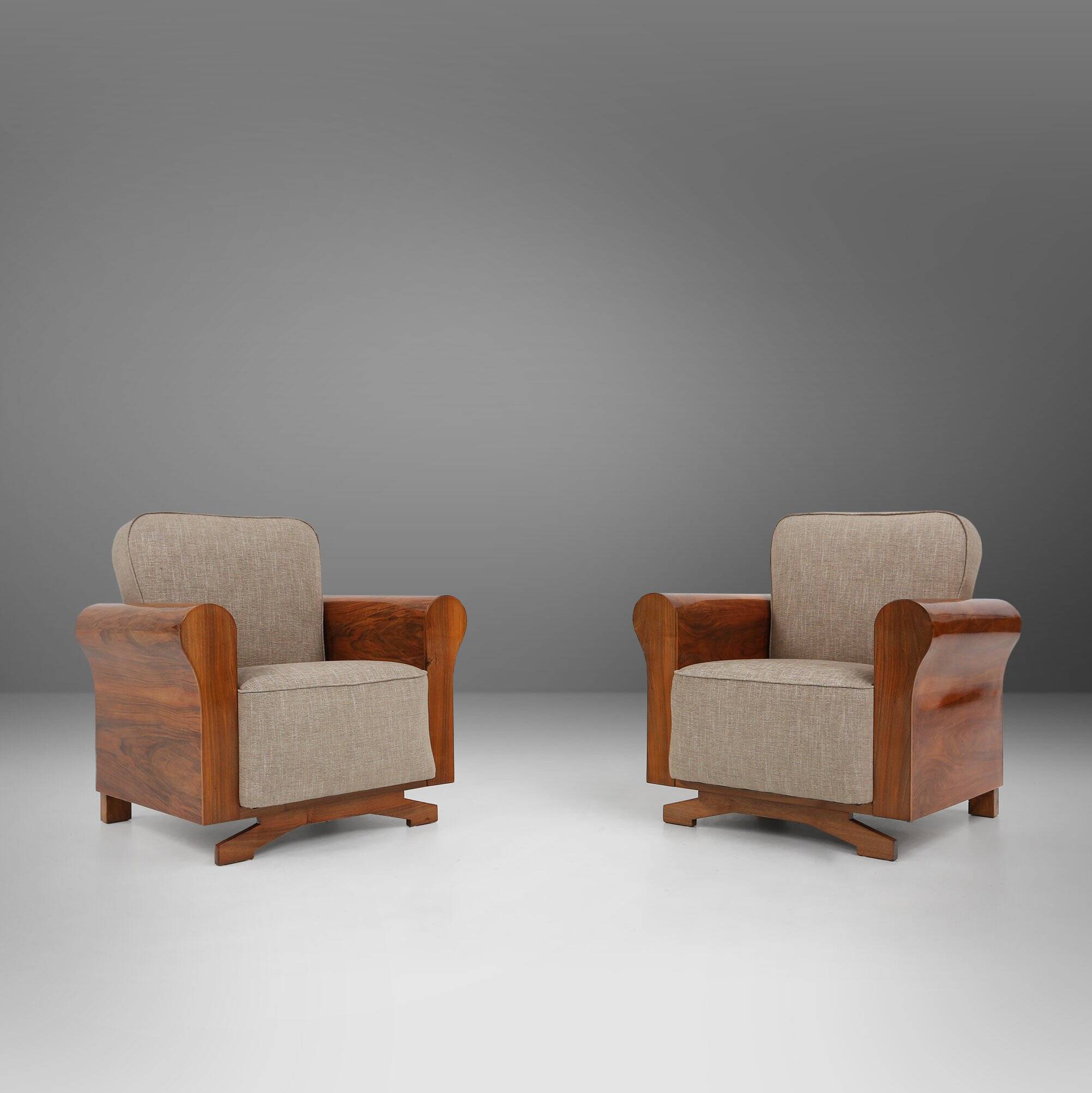 Set of 2 Art Deco Armchairs in Walnut Veneer, France 1930s