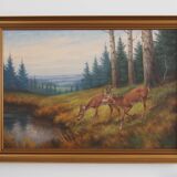 Painting „Two Deer by the Water”, Danish design, 1960s, by Wolmer Zier