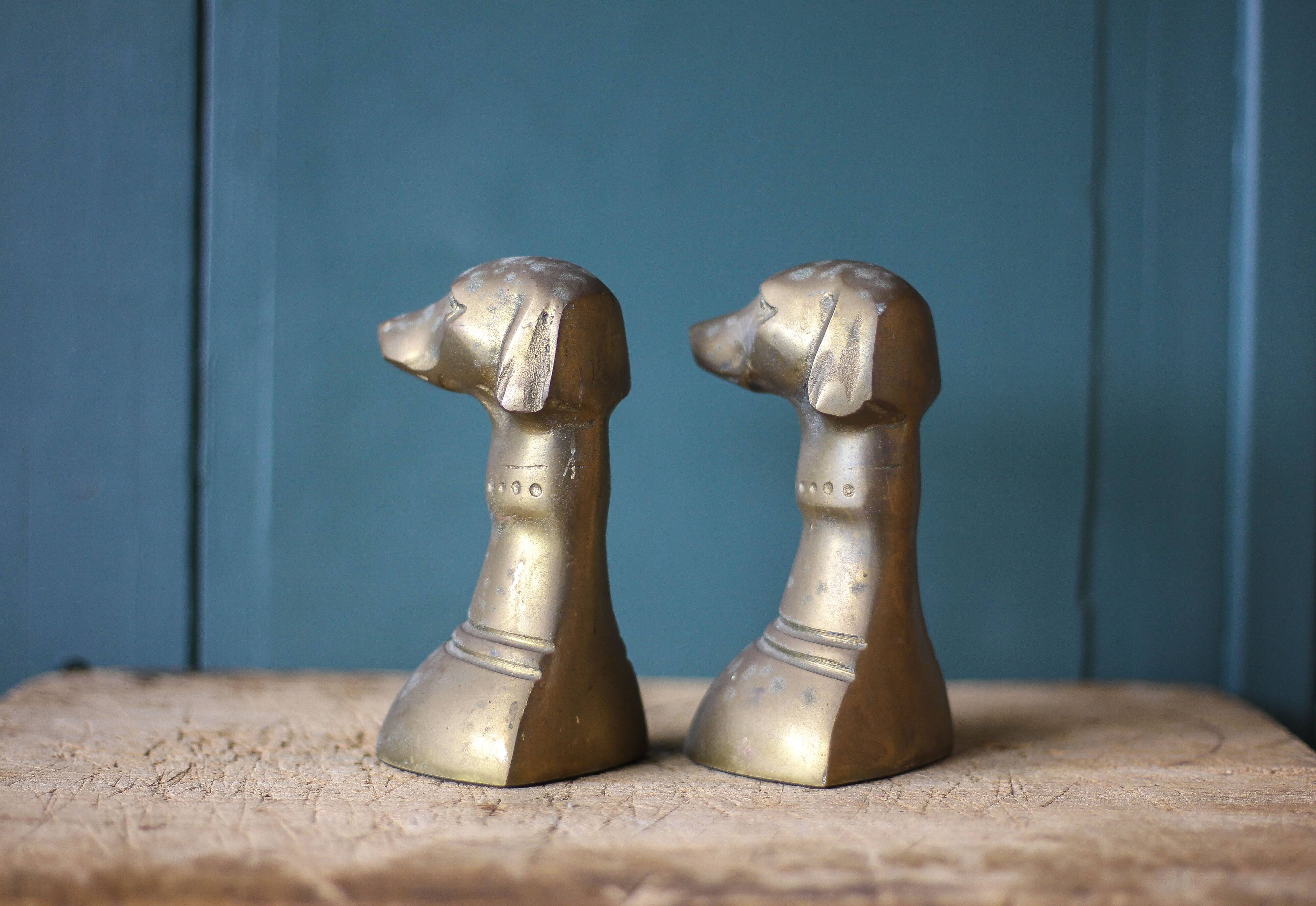 Vintage brass dog head bookends, brass greyhound animals, paperweight, library, office