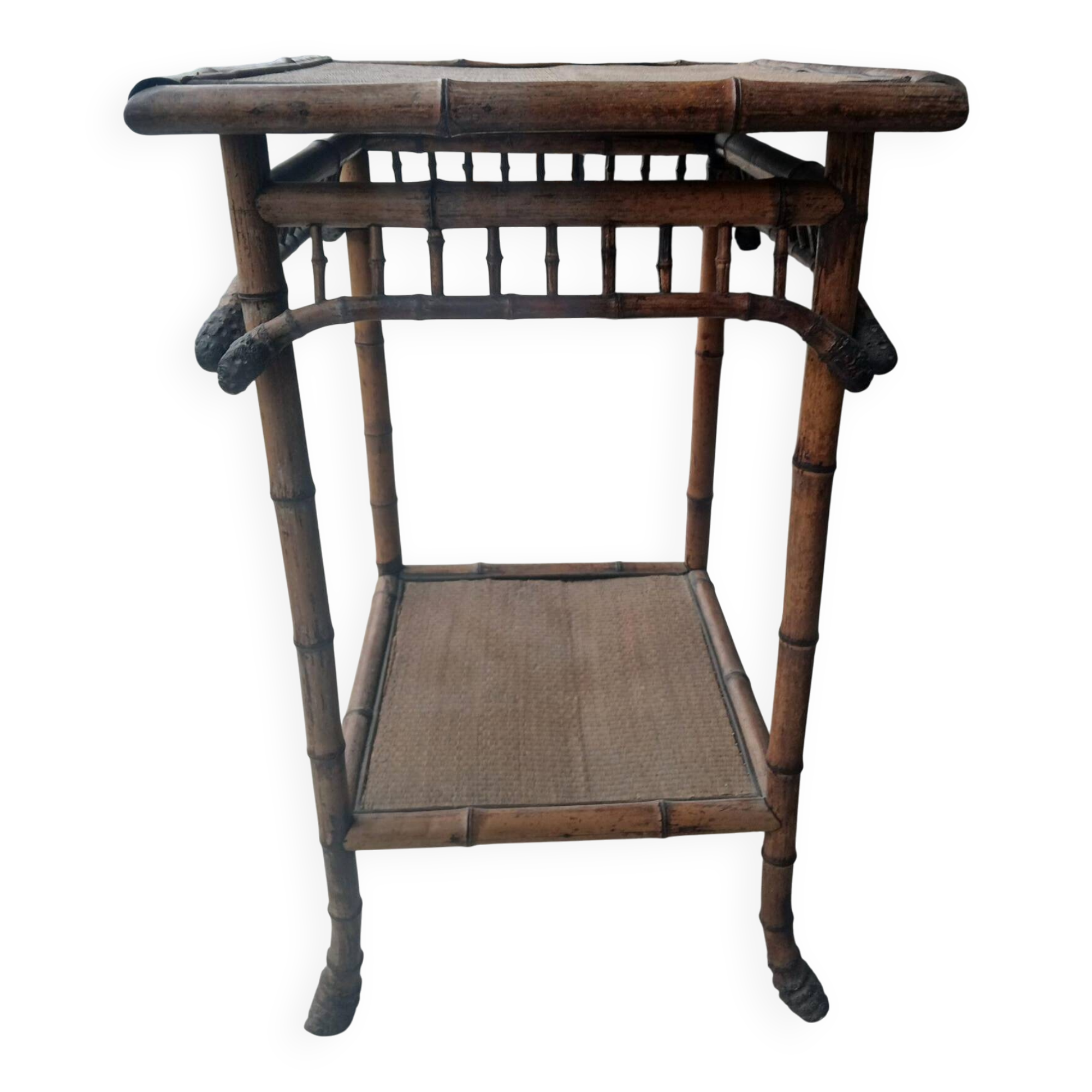 burnt bamboo side table and grass fabric