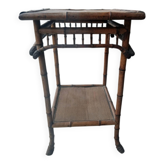 burnt bamboo side table and grass fabric