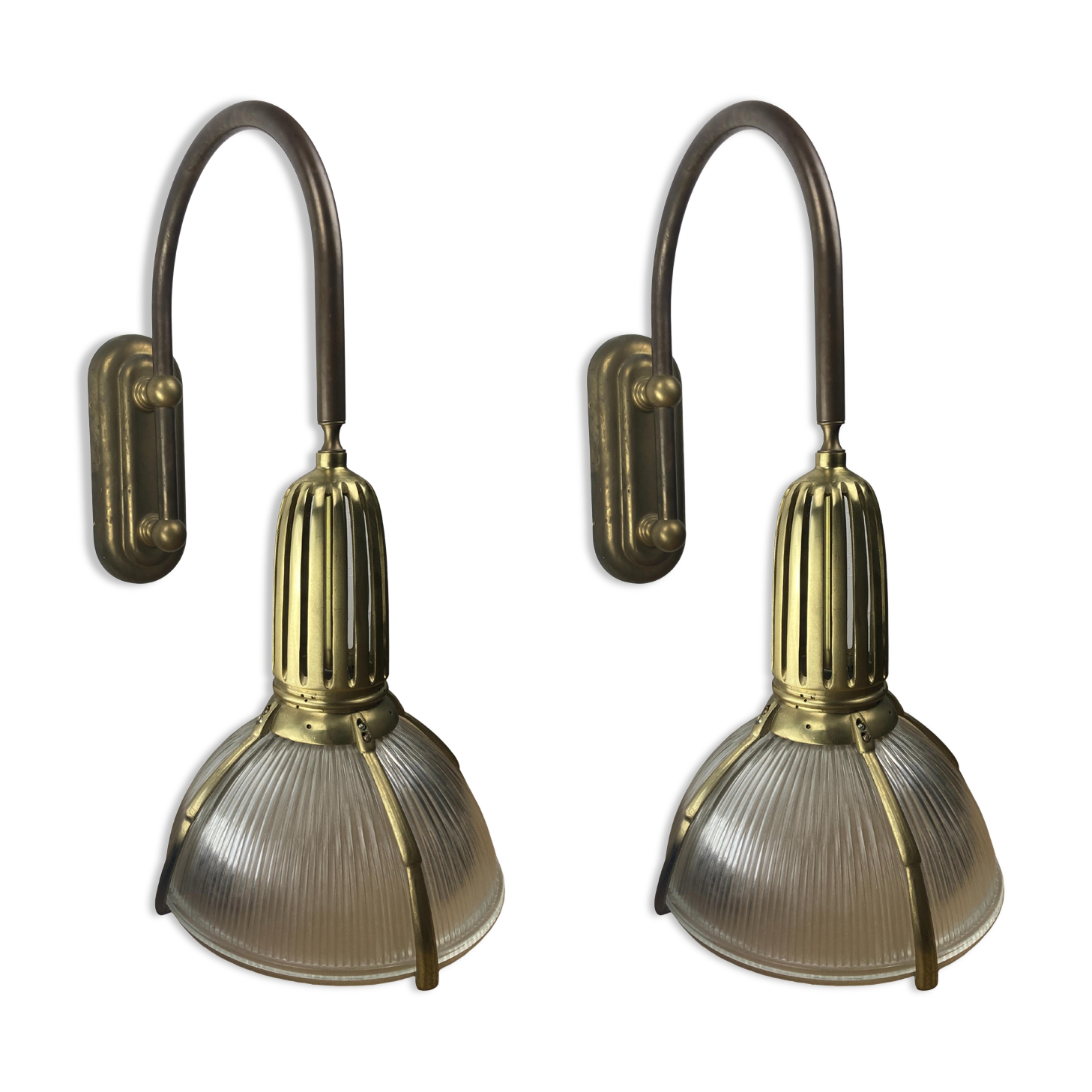 Art deco holophane cut glass and brass wall lamps, 1970