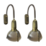 Art deco holophane cut glass and brass wall lamps, 1970