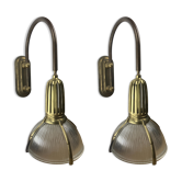 Art deco holophane cut glass and brass wall lamps, 1970