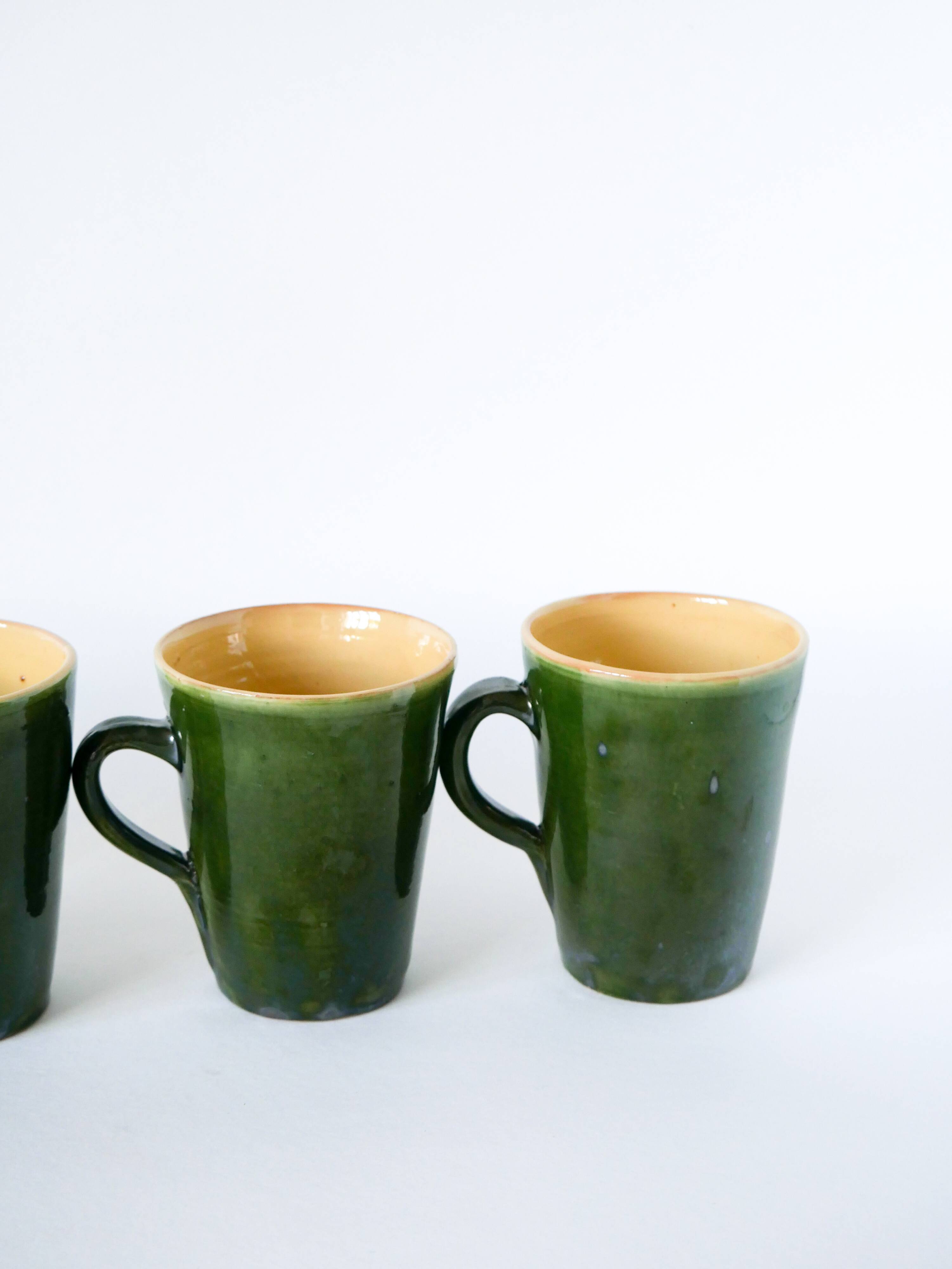 Set of 4 green mugs in glazed stoneware, ceramic, 1970
