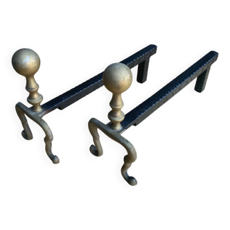 Pair of Antique Black Cast Iron + Vintage Bronze Fireplace Andirons