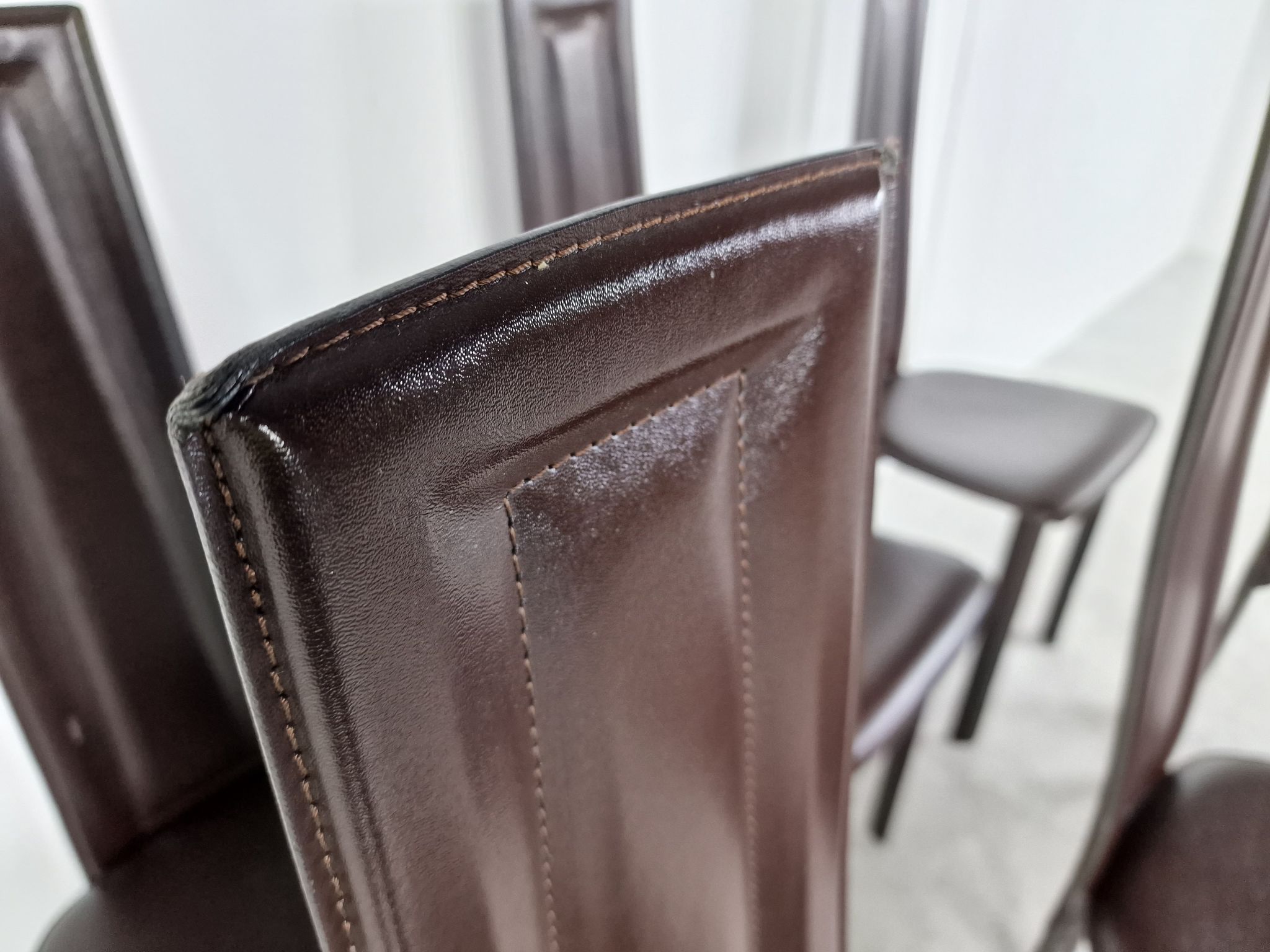 Vintage brown leather dining chairs, set of 6, 1980s