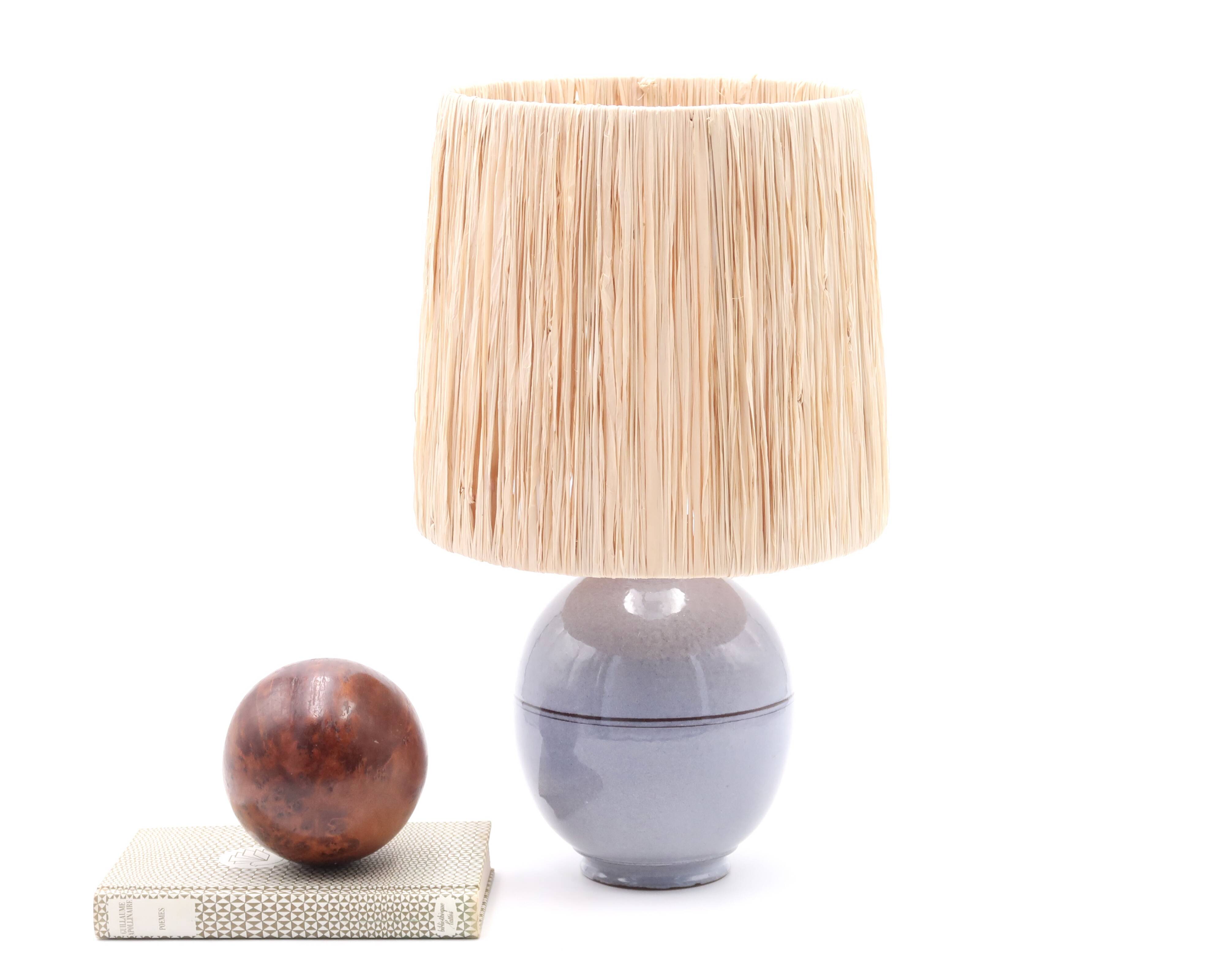 Blue ceramic lamp, raffia lampshade, 1960s