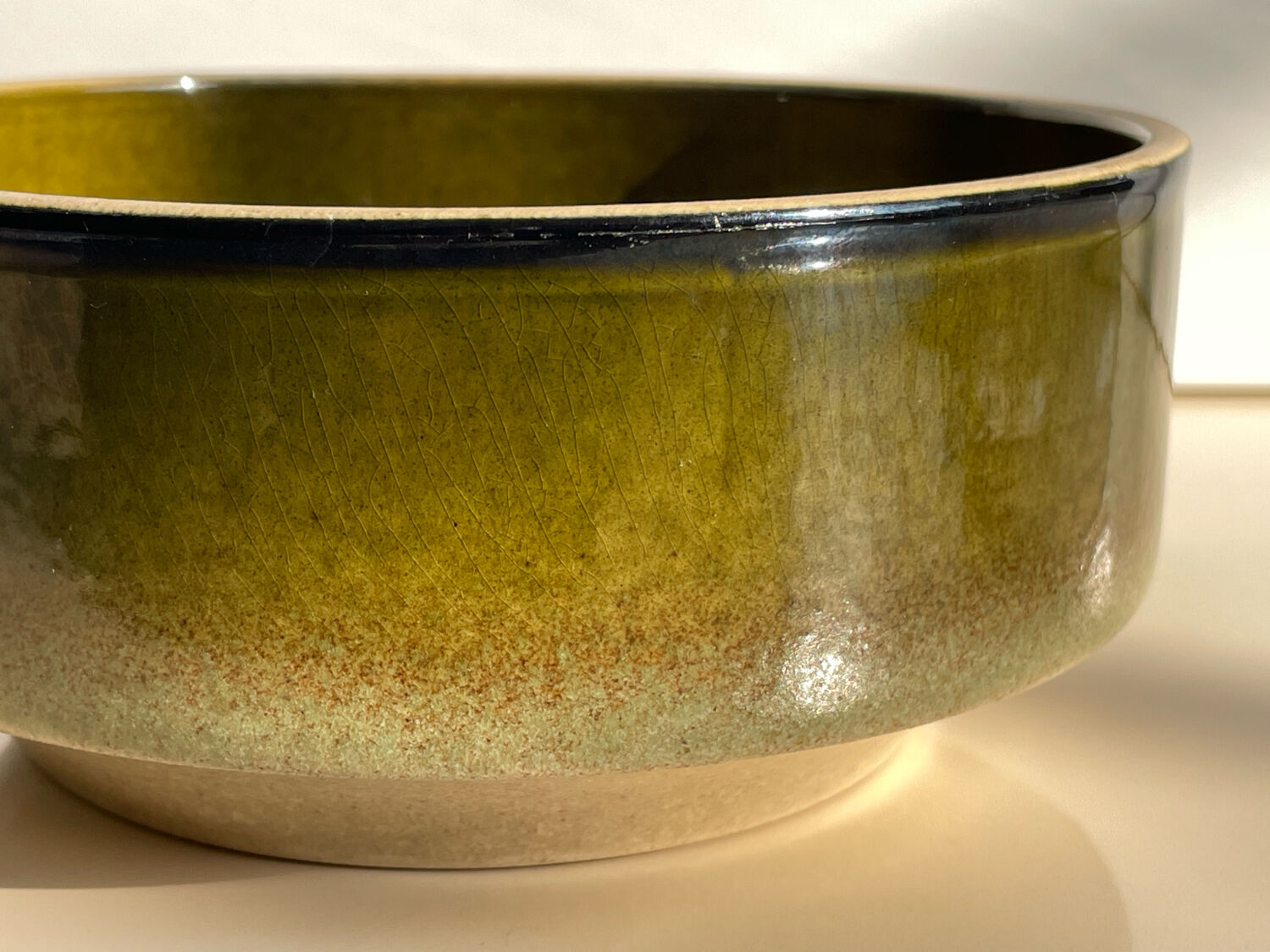 Large vintage ceramic bowl in olive green enamel - 1970s