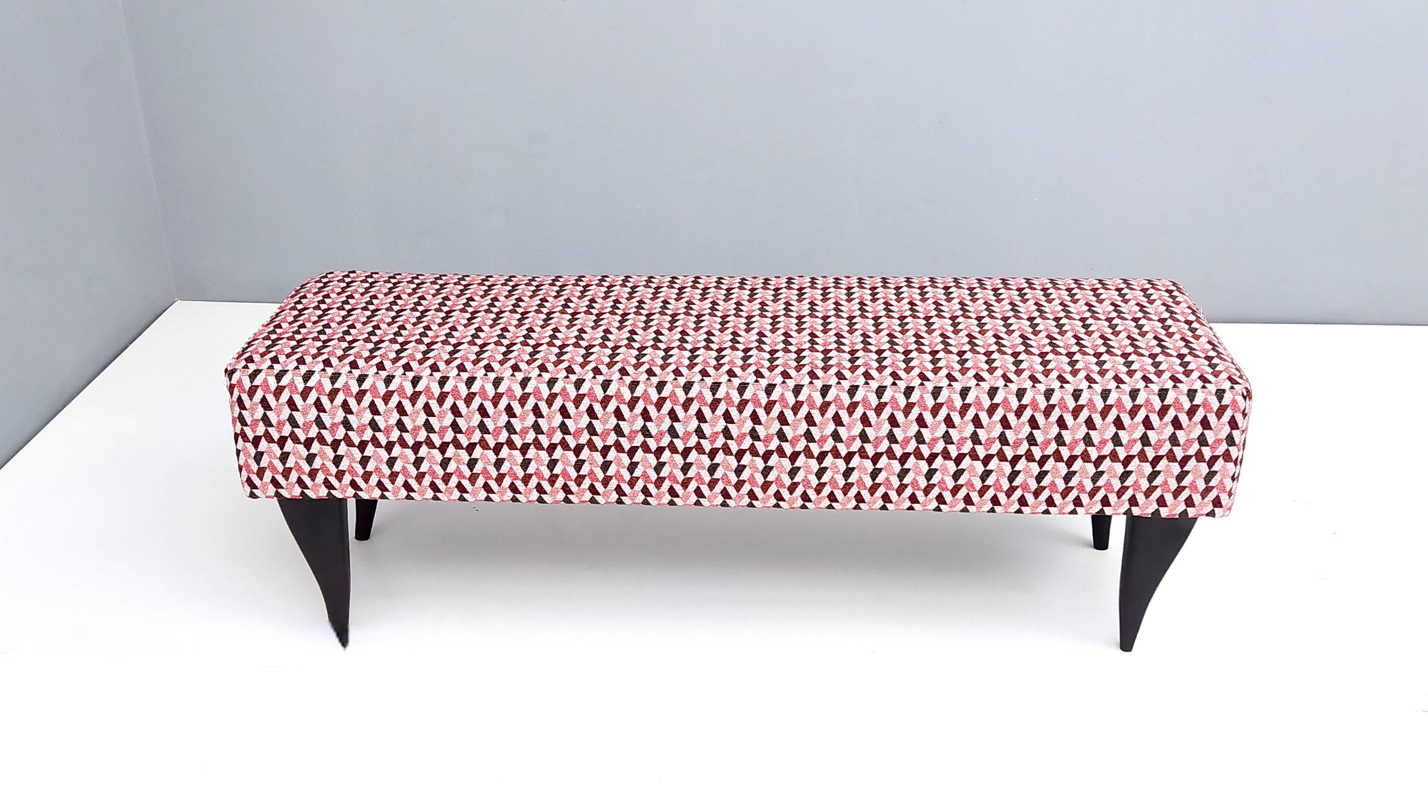 Pair of Benches with Red Patterned Fabric Upholstery, Italy