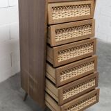 Oak and rattan compass leg chiffonier from the 50s-60s