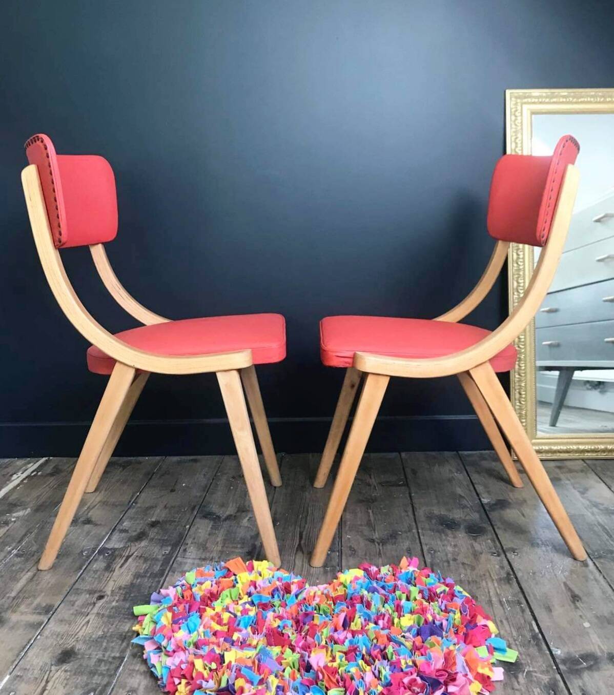Pair of vintage solid wood and leatherette chairs from the 60s