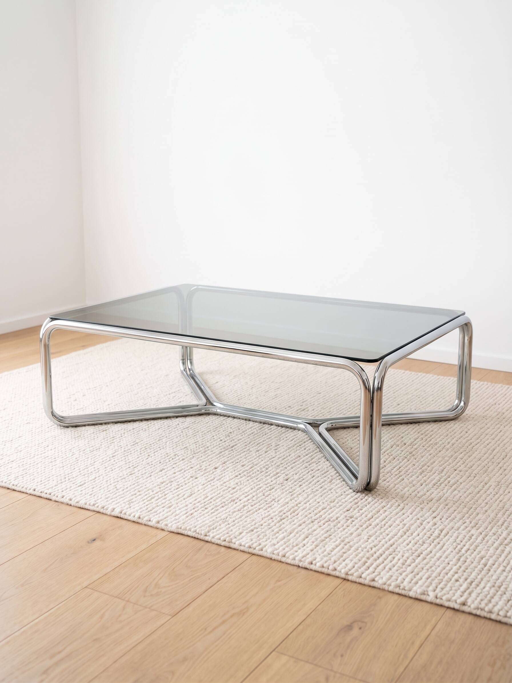 Chrome coffee table with a glass top.