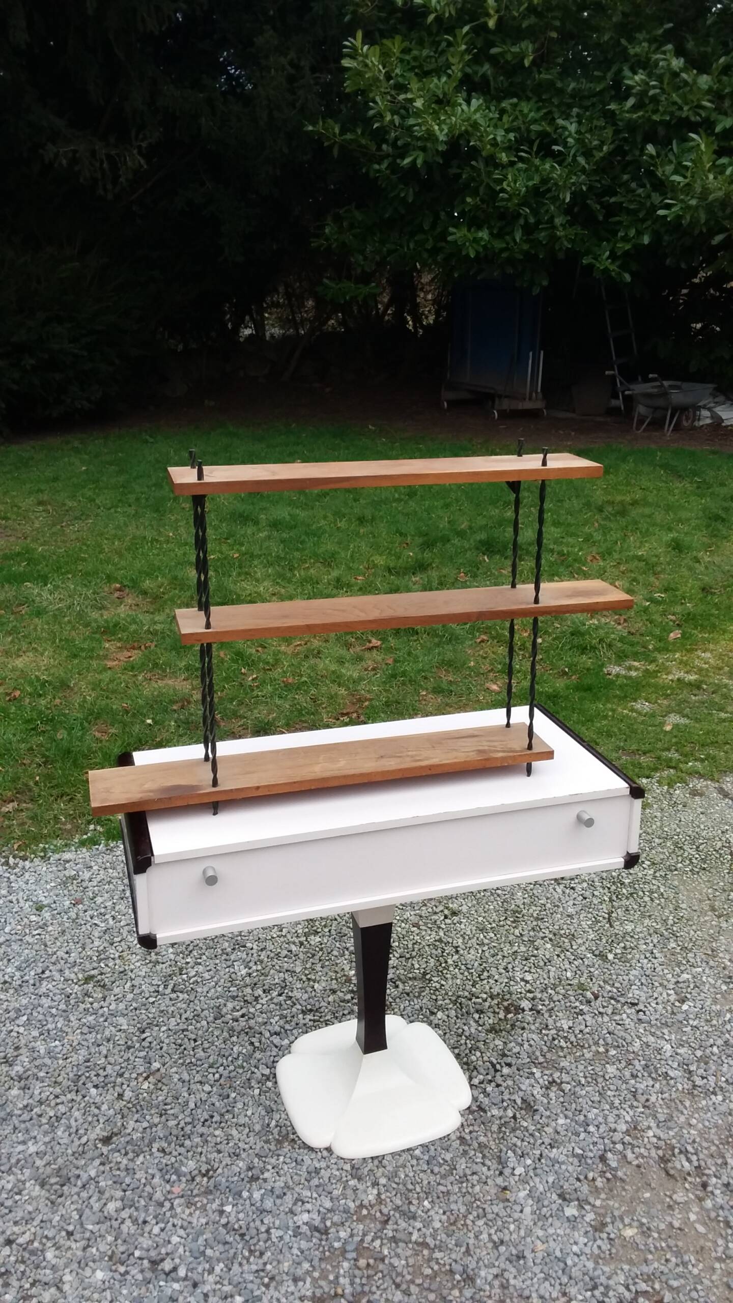 Vintage asymmetrical wall shelf in solid oak and metal from the 60s