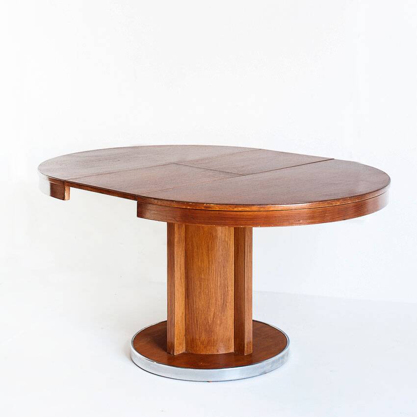 Dining table with a central extension. Vintage. Art Deco style. Varnished wood. France, 1960s.